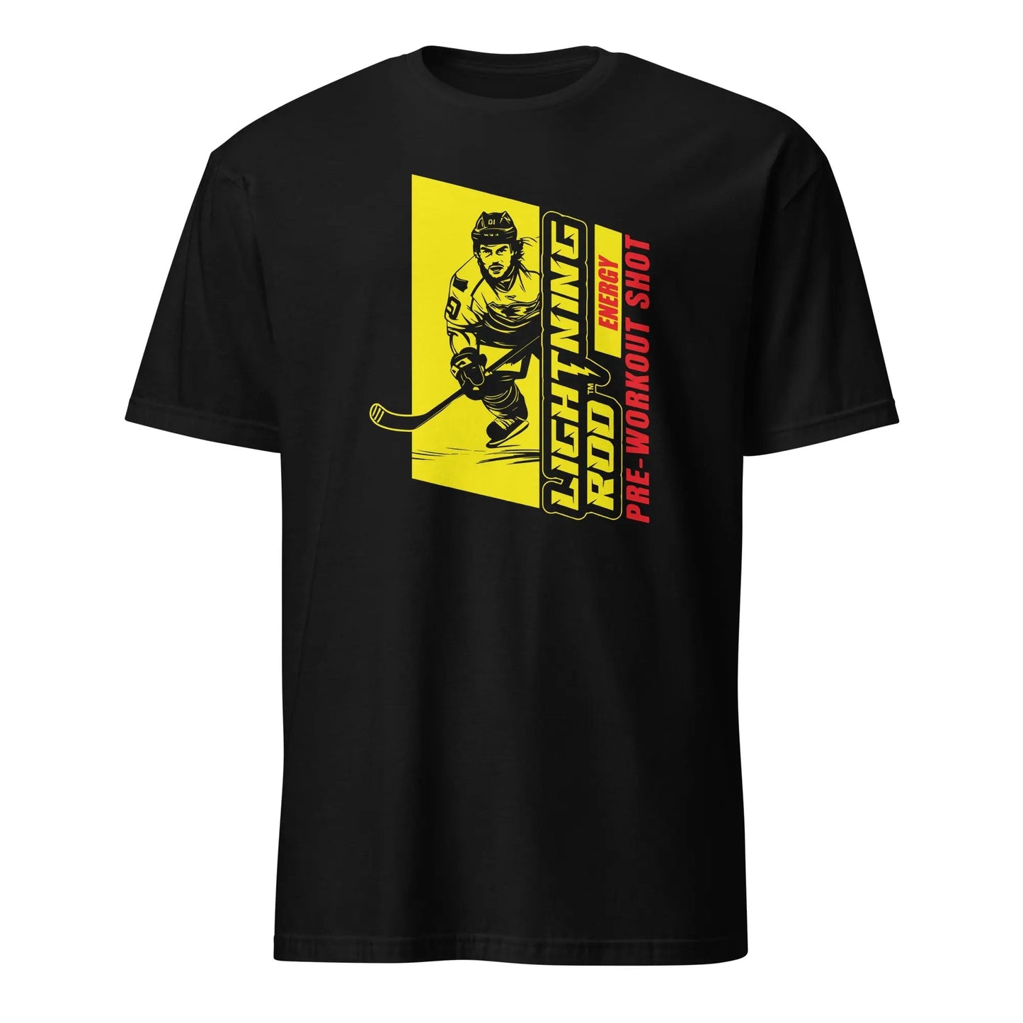 Lightning Rod Energy hockey player t-shirt featuring bold logo and athletic design for game day and everyday wear.